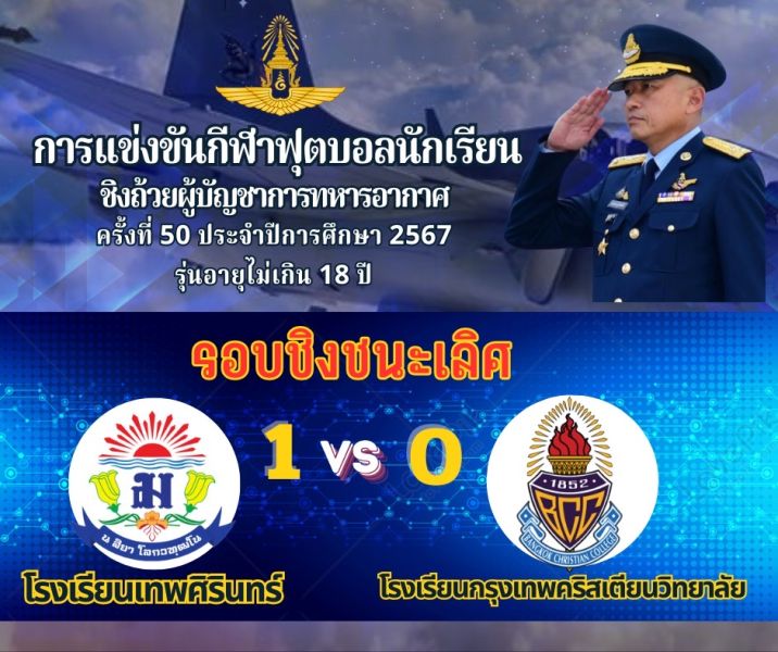 นักเตะ "ลูกแม่รำเพย" โรงเรียนเทพศิรินทร์ รุ่นอายุ 18 ปี คว้าแชมป์ฟุตบอลนักเรียนชิงถ้วยผู้บัญชาการทหารอากาศ ครั้งที่ 50